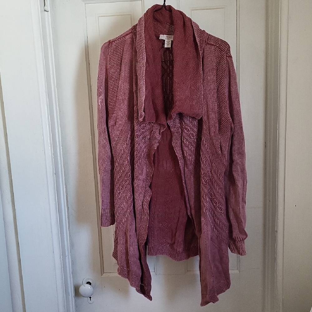 Women's distressed Burgundy Open-Front cotton Sweater S lovely knit details